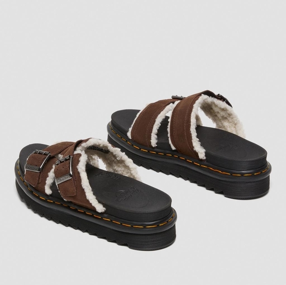 NEW Dr. Martens Myles Suede Fur-lined Buckle Slide Sandals Dark Brown Size 13 - Picture 15 of 16